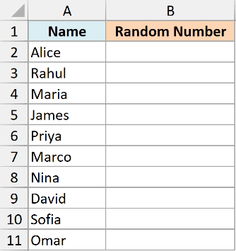 Excel spreadsheet showing a list of names in column A and an empty Random Number column B for the rand 05 dataset