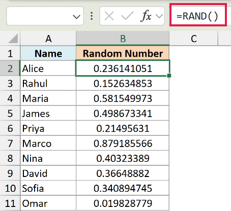 Excel formula bar showing =RAND() applied to column B to generate random decimal numbers next to a list of names