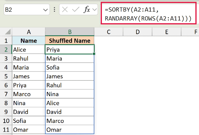 Excel formula using SORTBY and RANDARRAY to randomly shuffle a list of names in column B