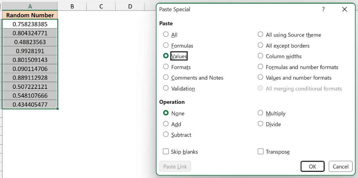 Paste Special with Values selected, to freeze the random numbers