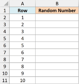 rb 01 dataset showing an Excel table with a Row column numbered 1 to 10 and an empty Random Number column