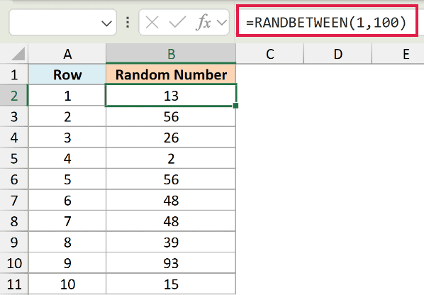 Excel formula bar showing =RANDBETWEEN(1,100) and a table generating random integers in column B