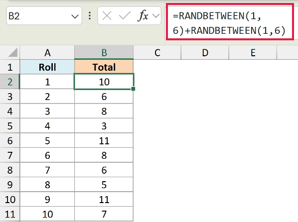 Excel formula =RANDBETWEEN(1,6)+RANDBETWEEN(1,6) in formula bar used to calculate the sum of two dice rolls in cell B2