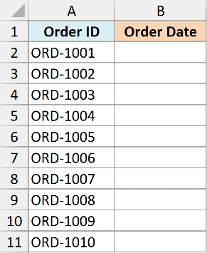 rb 05 dataset showing Order ID column with values ORD-1001 to ORD-1010 and an empty Order Date column