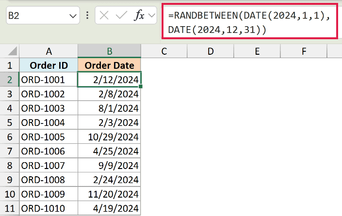 Excel formula RANDBETWEEN with DATE functions generating random dates in column B for order IDs