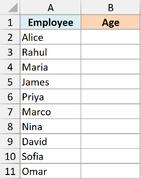 rb 07 dataset showing a two-column Excel table with a list of employee names in column A and empty cells in column B