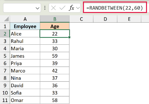 Excel formula =RANDBETWEEN(22,60) used to generate random employee ages in column B