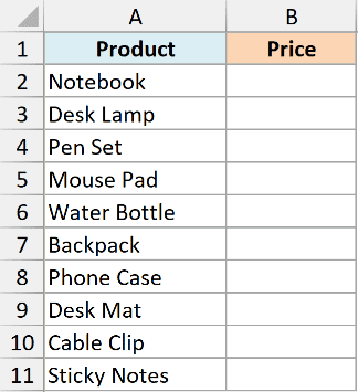 rb 09 dataset showing a list of ten products in column A with an empty price column B ready for random values