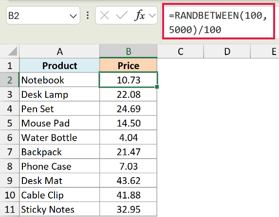 Excel formula =RANDBETWEEN(100, 5000)/100 used to generate random decimal prices for a list of products in column B