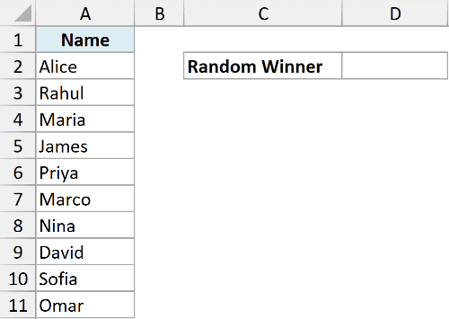 rb 11 dataset showing a list of names in column A and a Random Winner header in cell C2