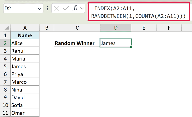 Excel formula using INDEX and RANDBETWEEN to select a random name from a list in column A