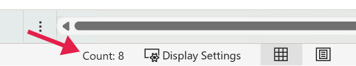 Red arrow pointing to a Count: 8 label next to Display Settings and view toggle icons