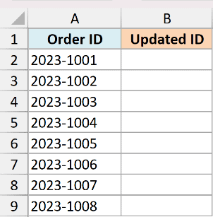 Excel table showing Order ID column with 2023-1001 through 2023-1008 and an empty Updated ID column