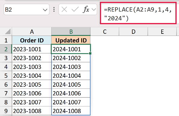 Excel formula bar showing REPLACE function used to update a fixed prefix in a range of Order IDs