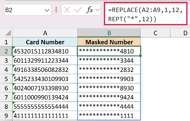 Excel formula using REPLACE and REPT to mask credit card numbers in column B with asterisks