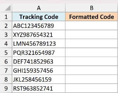Excel table with column A listing raw tracking codes and column B for formatted codes to use with REPLACE function