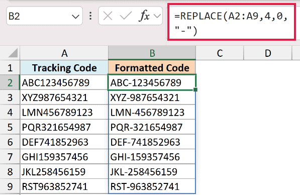 Excel formula bar showing REPLACE function used to insert a dash into tracking codes in column B
