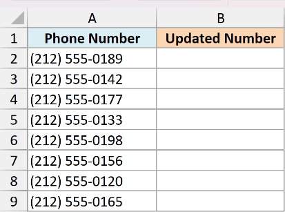 Excel table with Phone Number column containing (212) area codes and an empty Updated Number column for REPLACE usage