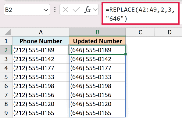 Excel formula =REPLACE(A2:A9,2,3,"646") used to update area codes from 212 to 646 in a phone number list