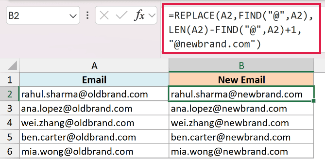Excel formula using REPLACE and FIND to dynamically update email domains in a spreadsheet column
