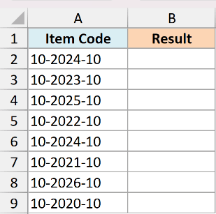 Excel table with Item Code column containing 11 dataset item codes and an empty Result column for REPLACE function testing