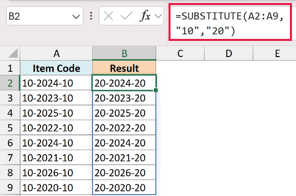 Excel formula bar showing SUBSTITUTE function replacing 10 with 20 in column A item codes to produce column B results