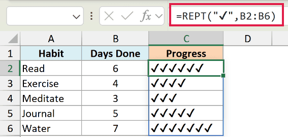 Excel formula bar showing REPT function to repeat checkmarks in a habit tracker table based on days completed