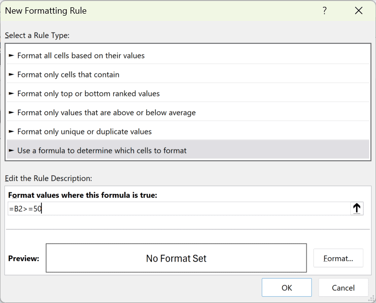 New Formatting Rule dialog with the formula rule type and =B2>=50 entered
