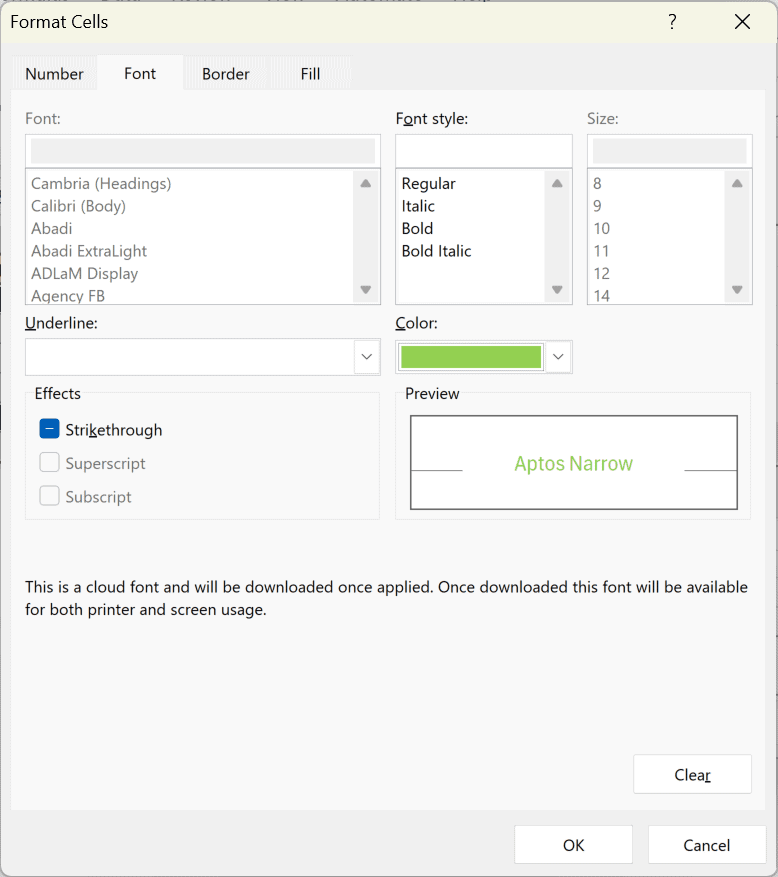 Excel Format Cells dialog showing Font tab with green color selected for conditional formatting of REPT function output
