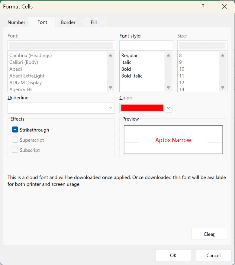 Excel Format Cells dialog showing Font tab with red color selected for conditional formatting rule