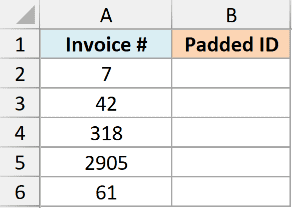 Excel table with Invoice # column containing numbers and an empty Padded ID column for REPT function padding examples