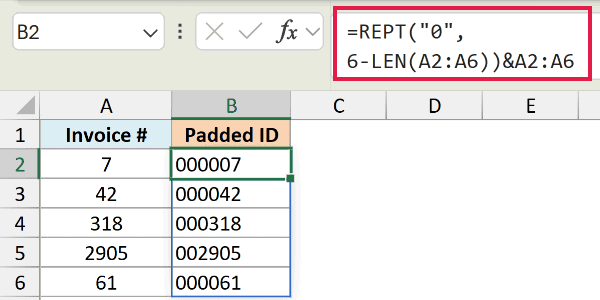 Excel formula using REPT and LEN to add leading zeros to invoice numbers in column B
