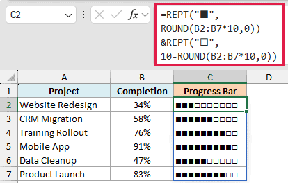 REPT formula building a ten segment progress bar from filled and hollow squares