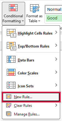 Home tab Conditional Formatting menu open with New Rule highlighted