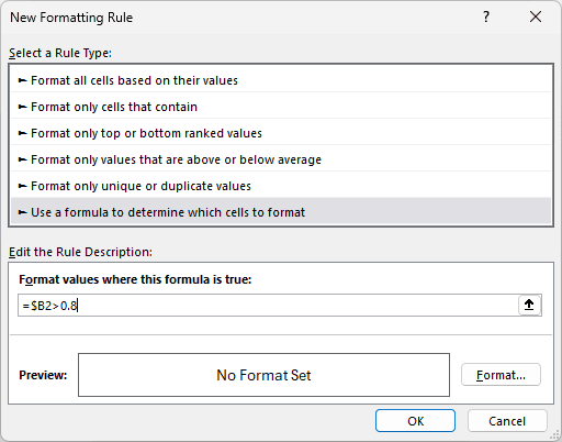 New Formatting Rule dialog with the formula rule type selected and the formula for cells above 80 percent entered