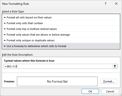 New Formatting Rule dialog with the second rule formula for cells above 50 percent entered