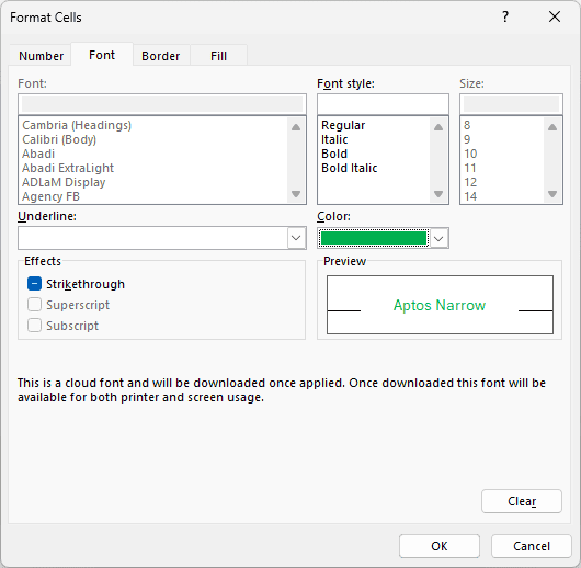 Format Cells dialog open on the Font tab with a green font color picked for the conditional formatting rule
