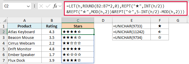LET and REPT formula turning each rating into filled, half and hollow stars