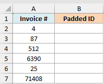 Excel table of invoice numbers of different lengths with an empty Padded ID column