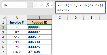 REPT and LEN formula adding leading zeros so every invoice number shows as six digits