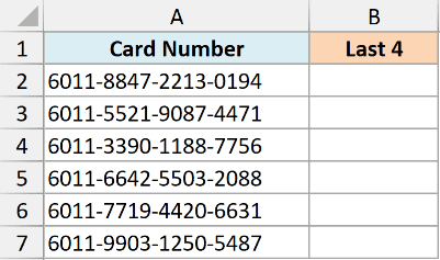 Excel dataset showing a column of loyalty card numbers and an empty column for the last 4 digits