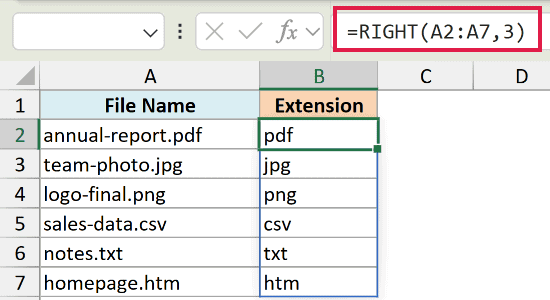 Excel formula bar showing =RIGHT(A2:A7,3) to extract three-character file extensions from column A into column B