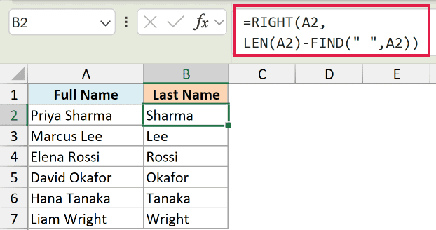 Excel formula using RIGHT, LEN, and FIND to extract last names from full names in column A to column B