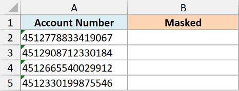 Excel sheet showing a column of 10-digit account numbers labeled Account Number next to an empty Masked column