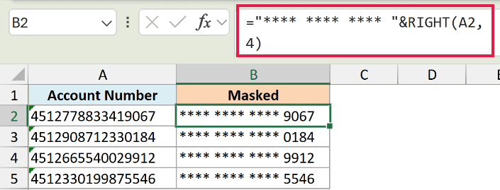 Excel formula using RIGHT to mask account numbers, showing the formula bar and a column of masked values