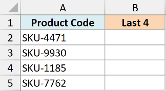 Excel table showing Product Code column with SKU data and an empty Last 4 column for testing RIGHT function trailing spaces