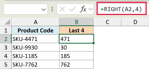 Excel formula bar showing =RIGHT(A2,4) with column B displaying the last four characters of product codes