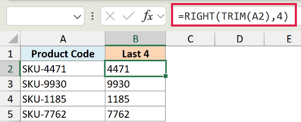 Excel formula bar showing =RIGHT(TRIM(A2),4) to extract the last four digits from product codes in column A