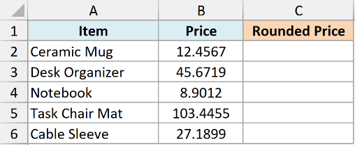 Round 01 dataset showing Item, Price with four decimal places, and an empty Rounded Price column in Excel