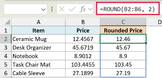 Excel formula bar showing =ROUND(B2:B6, 2) to round product prices in column B to two decimal places in column C